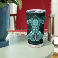 Valknut Ravens and Vegvisir Helm of Awe Tumbler Cup Viking Nordic Celtic Knotwork Turquoise Runic Art