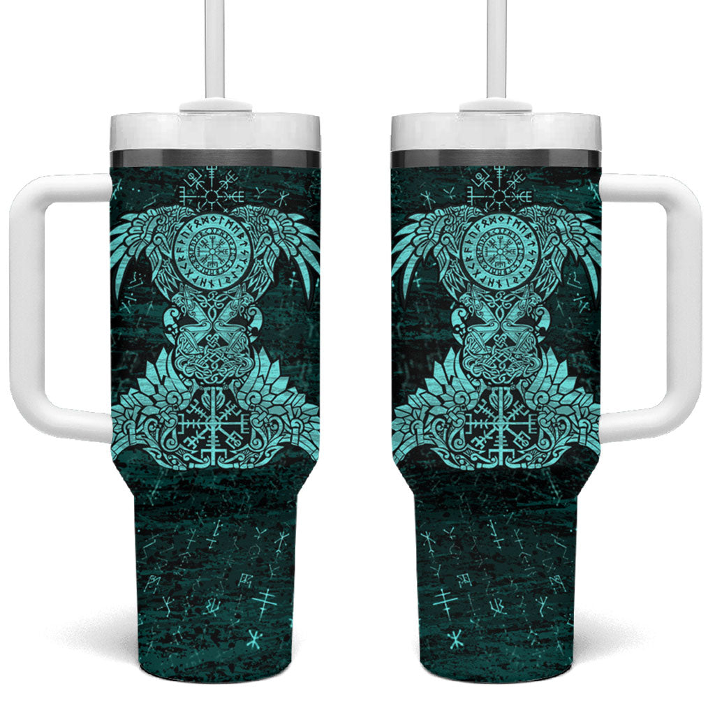 Valknut Ravens and Vegvisir Helm of Awe Tumbler With Handle Viking Nordic Celtic Knotwork Turquoise Runic Art