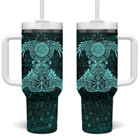 Valknut Ravens and Vegvisir Helm of Awe Tumbler With Handle Viking Nordic Celtic Knotwork Turquoise Runic Art