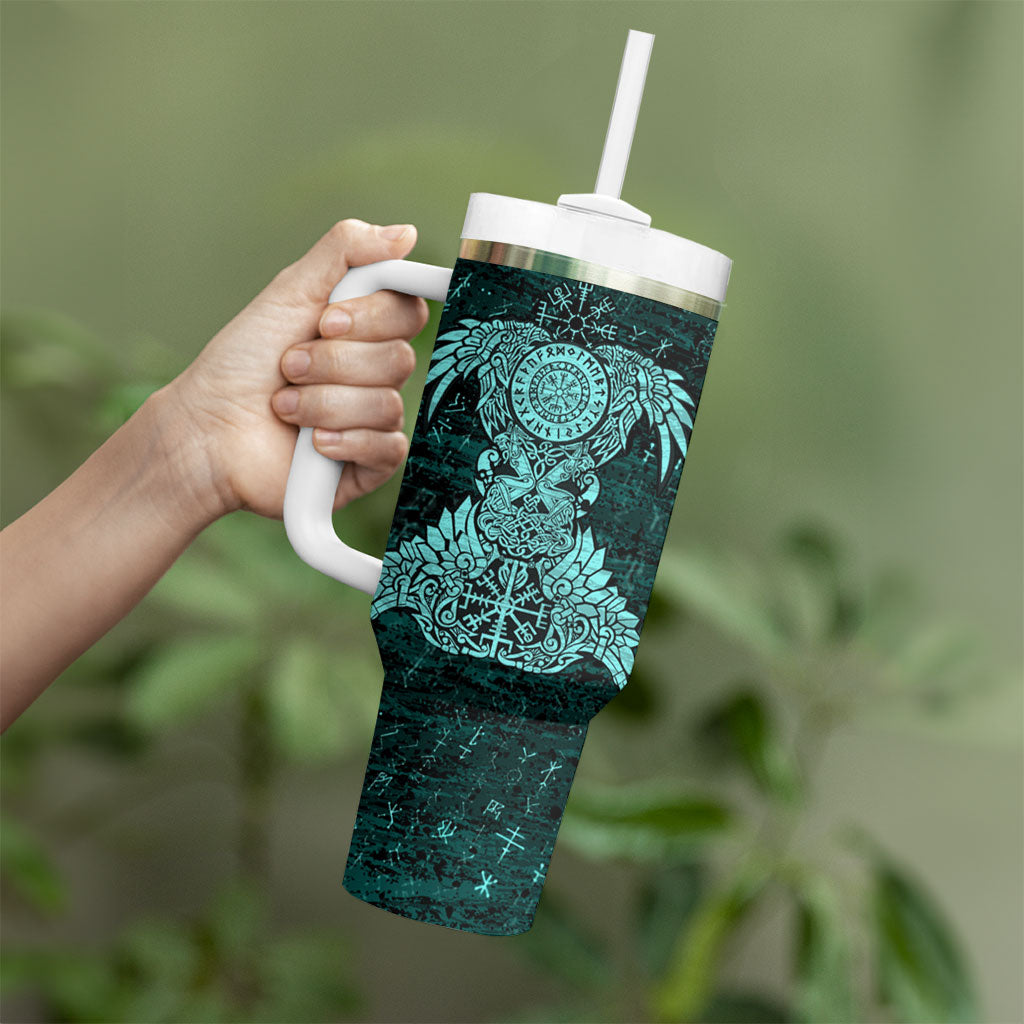 Valknut Ravens and Vegvisir Helm of Awe Tumbler With Handle Viking Nordic Celtic Knotwork Turquoise Runic Art