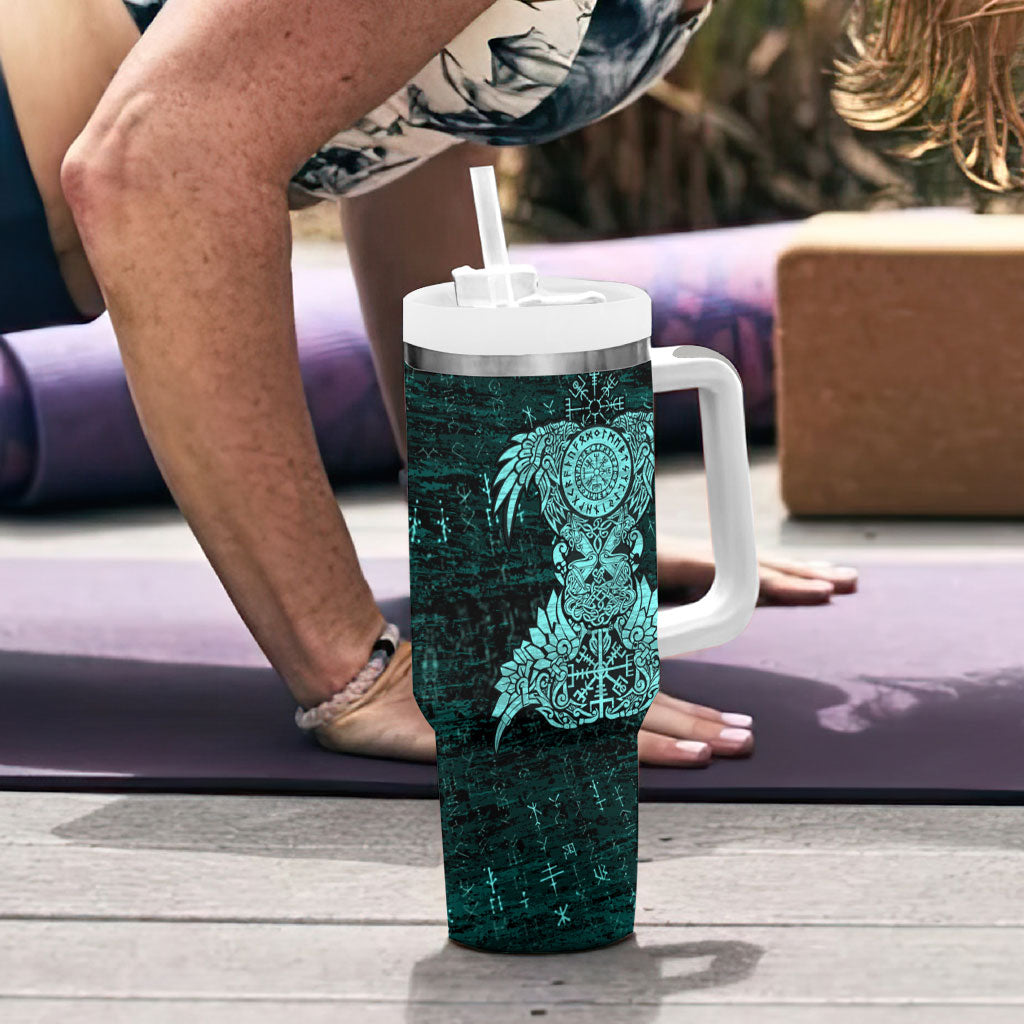 Valknut Ravens and Vegvisir Helm of Awe Tumbler With Handle Viking Nordic Celtic Knotwork Turquoise Runic Art