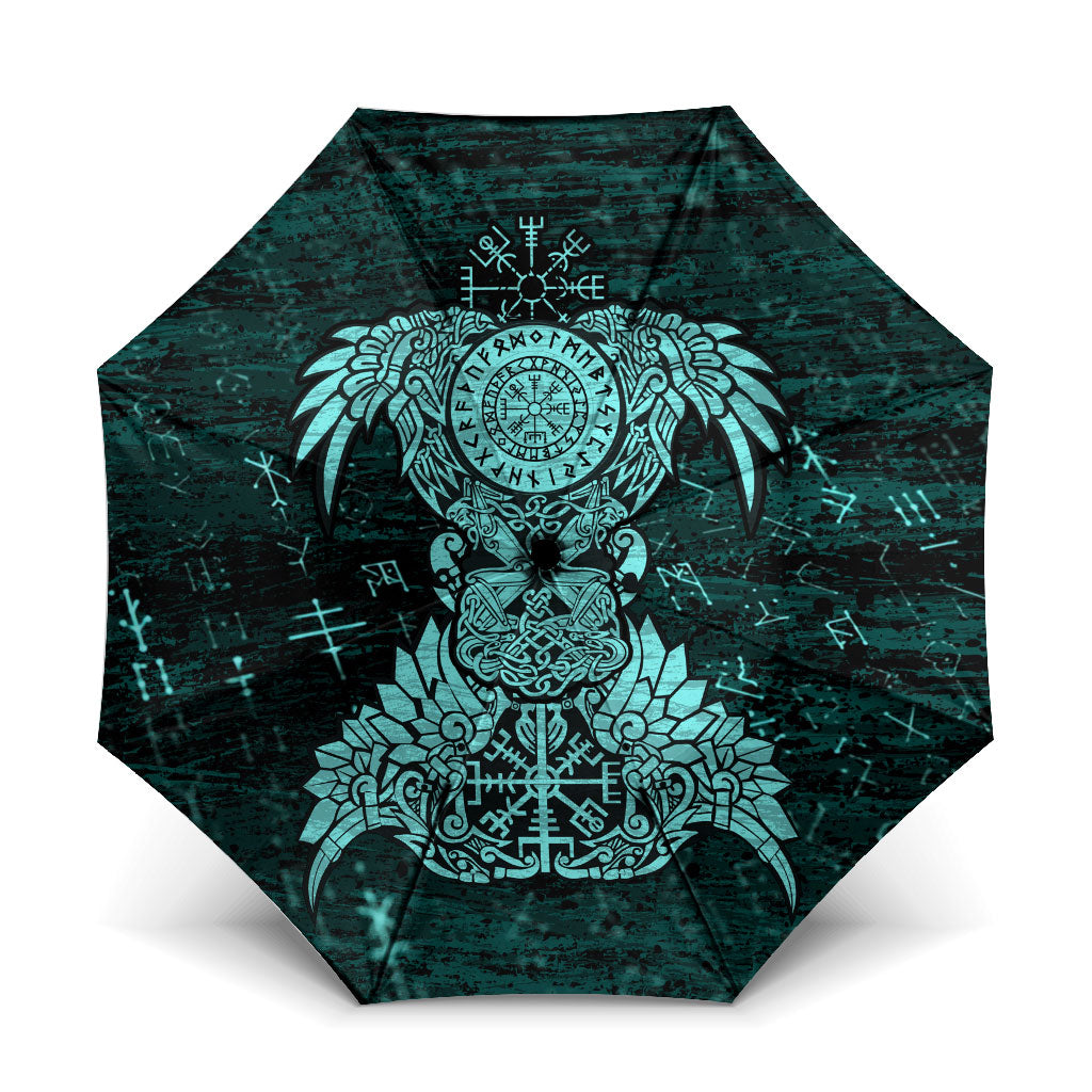 Valknut Ravens and Vegvisir Helm of Awe Umbrella Viking Nordic Celtic Knotwork Turquoise Runic Art