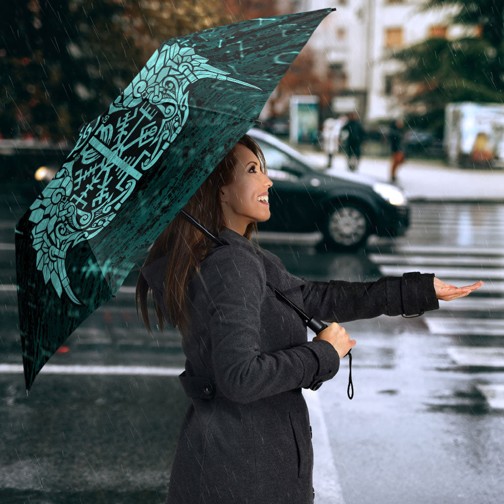 Valknut Ravens and Vegvisir Helm of Awe Umbrella Viking Nordic Celtic Knotwork Turquoise Runic Art