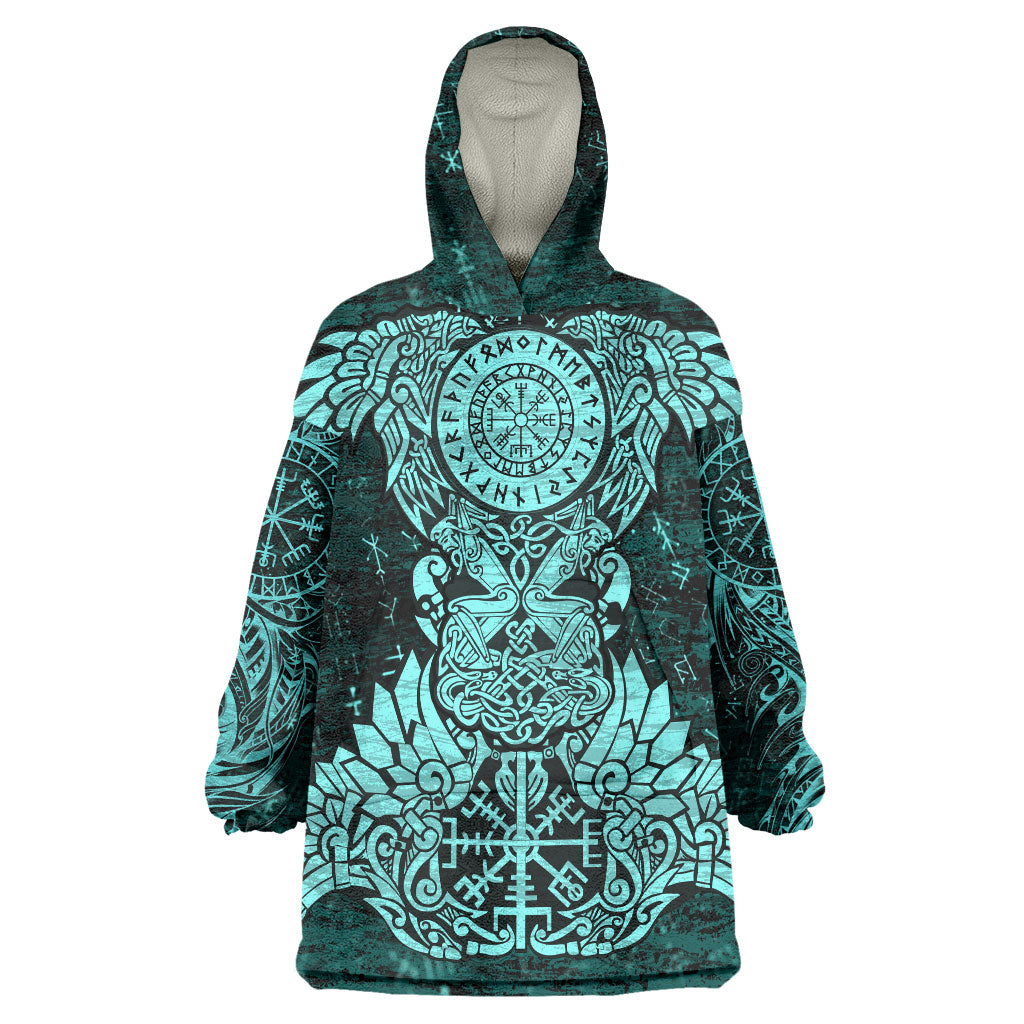 Valknut Ravens and Vegvisir Helm of Awe Wearable Blanket Hoodie Viking Nordic Celtic Knotwork Turquoise Runic Art