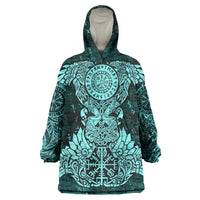 Valknut Ravens and Vegvisir Helm of Awe Wearable Blanket Hoodie Viking Nordic Celtic Knotwork Turquoise Runic Art