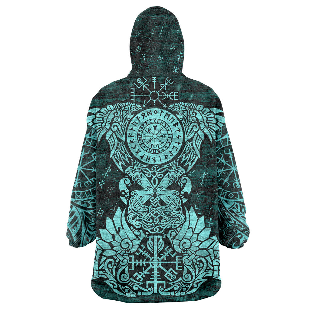 Valknut Ravens and Vegvisir Helm of Awe Wearable Blanket Hoodie Viking Nordic Celtic Knotwork Turquoise Runic Art