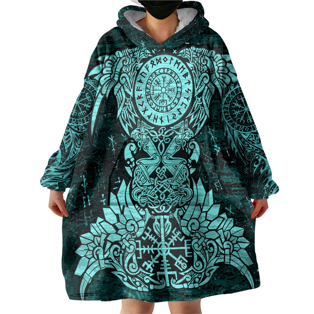 Valknut Ravens and Vegvisir Helm of Awe Wearable Blanket Hoodie Viking Nordic Celtic Knotwork Turquoise Runic Art