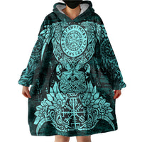 Valknut Ravens and Vegvisir Helm of Awe Wearable Blanket Hoodie Viking Nordic Celtic Knotwork Turquoise Runic Art