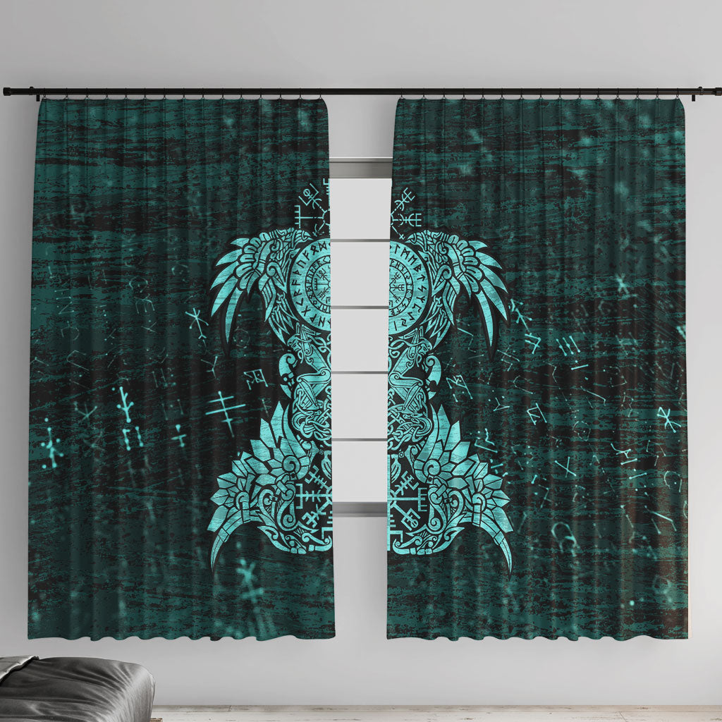 Valknut Ravens and Vegvisir Helm of Awe Window Curtain Viking Nordic Celtic Knotwork Turquoise Runic Art