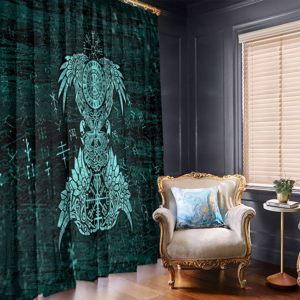 Valknut Ravens and Vegvisir Helm of Awe Window Curtain Viking Nordic Celtic Knotwork Turquoise Runic Art