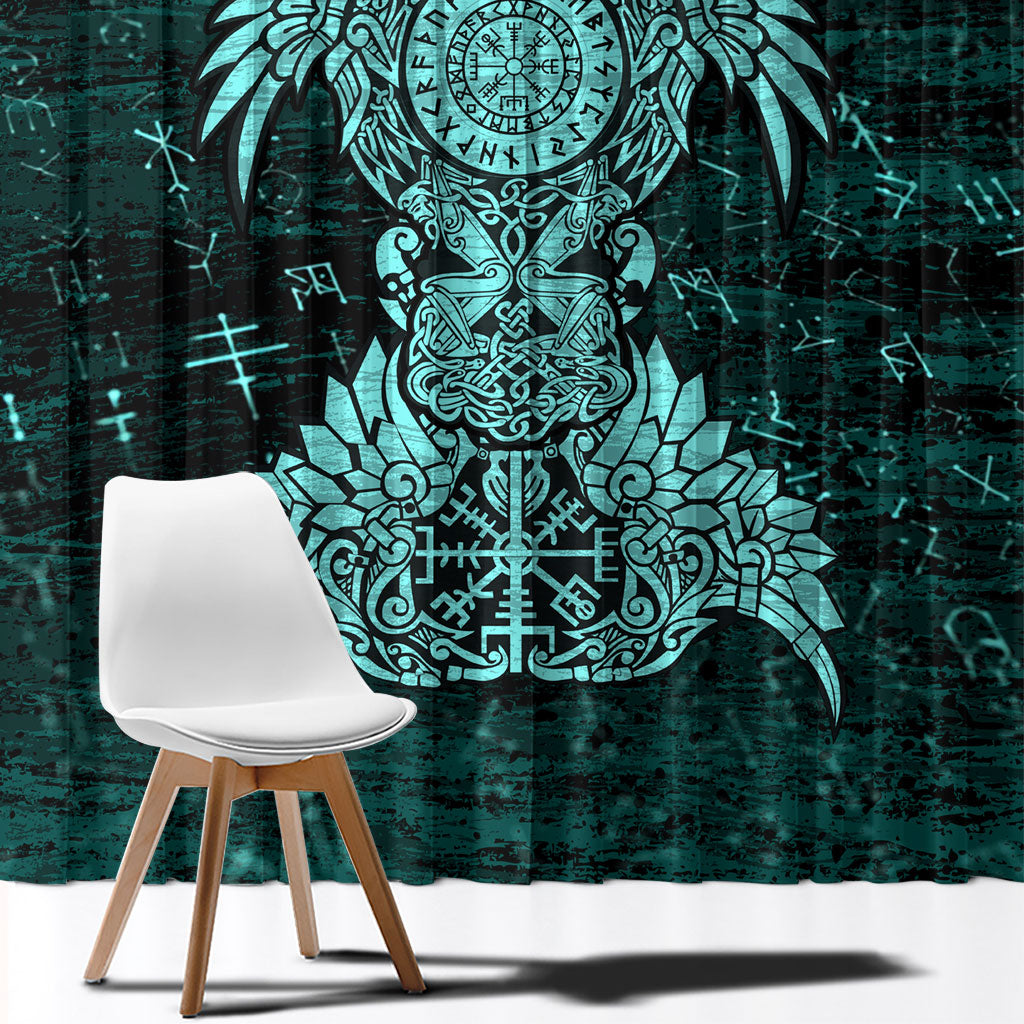 Valknut Ravens and Vegvisir Helm of Awe Window Curtain Viking Nordic Celtic Knotwork Turquoise Runic Art
