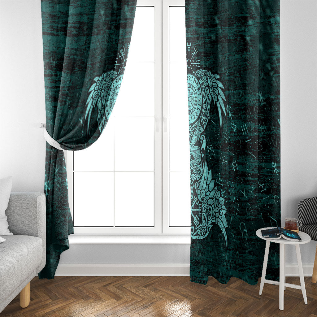 Valknut Ravens and Vegvisir Helm of Awe Window Curtain Viking Nordic Celtic Knotwork Turquoise Runic Art