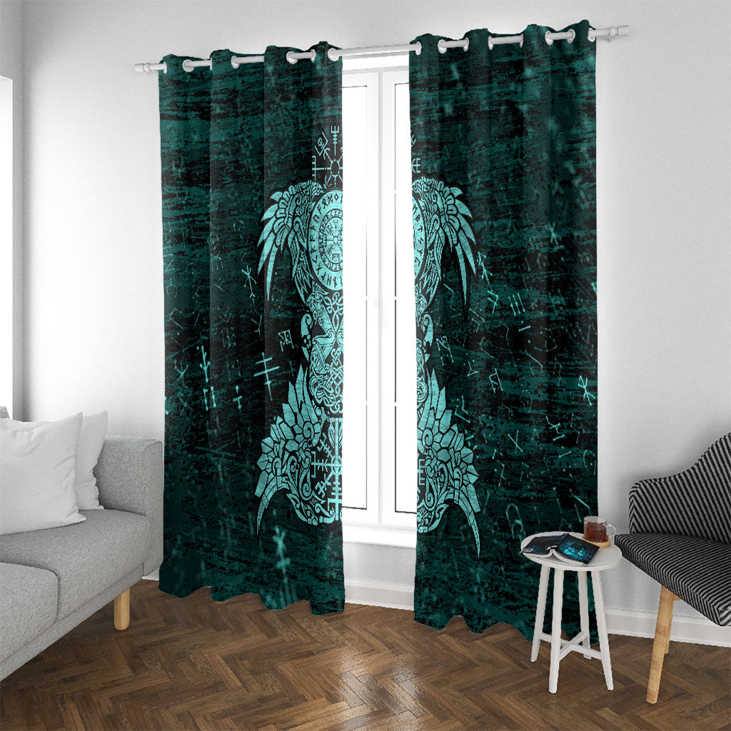 Valknut Ravens and Vegvisir Helm of Awe Window Curtain Viking Nordic Celtic Knotwork Turquoise Runic Art