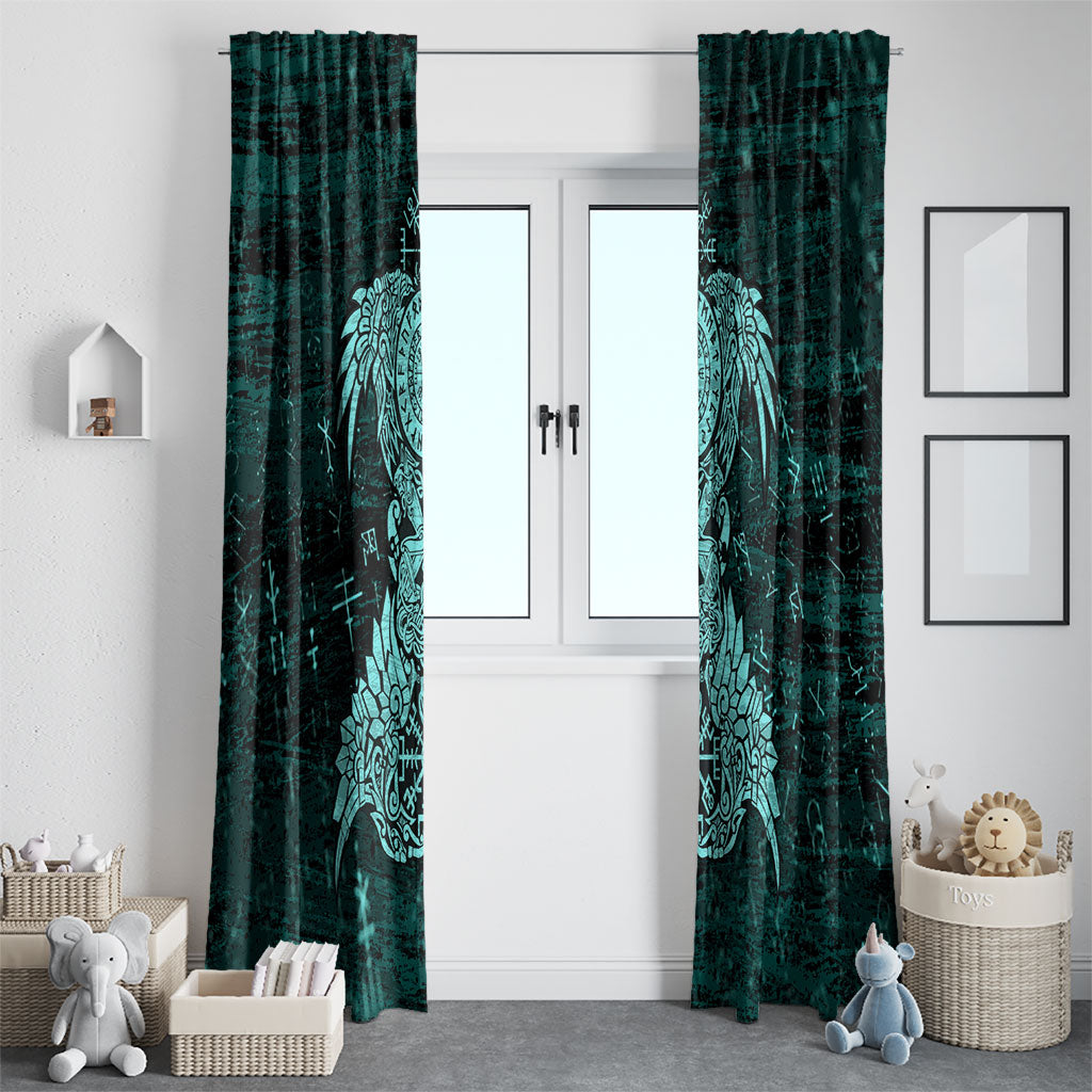 Valknut Ravens and Vegvisir Helm of Awe Window Curtain Viking Nordic Celtic Knotwork Turquoise Runic Art