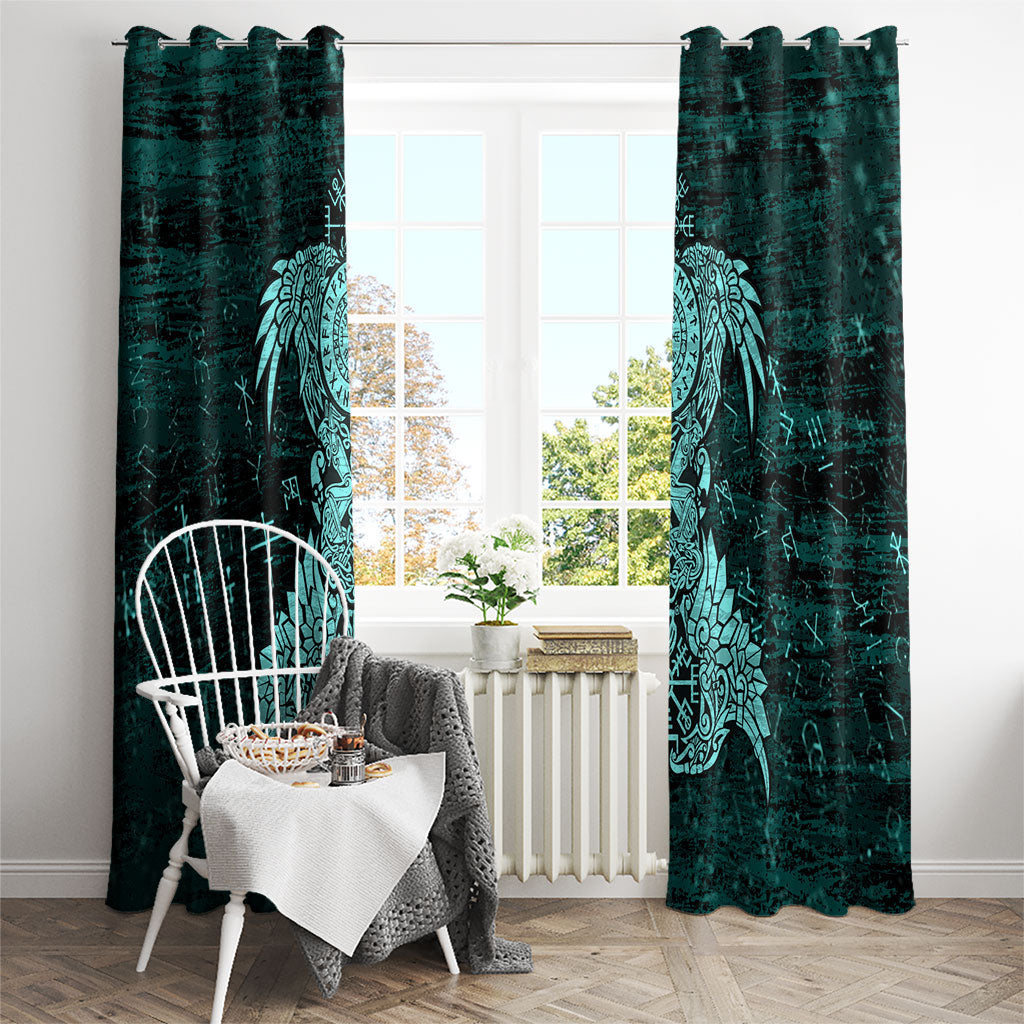 Valknut Ravens and Vegvisir Helm of Awe Window Curtain Viking Nordic Celtic Knotwork Turquoise Runic Art