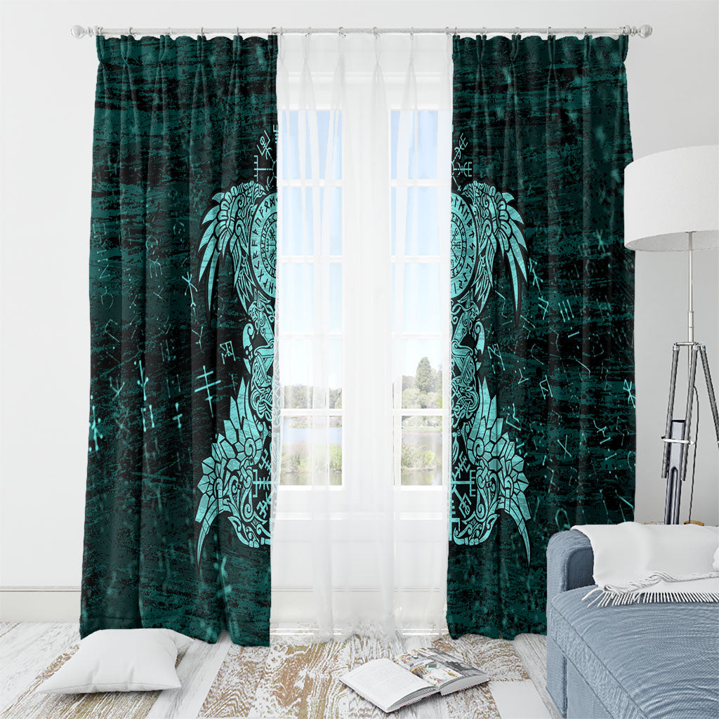 Valknut Ravens and Vegvisir Helm of Awe Window Curtain Viking Nordic Celtic Knotwork Turquoise Runic Art