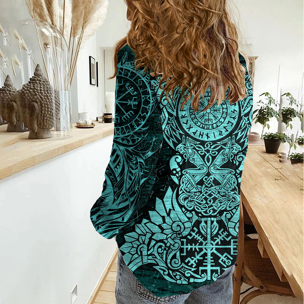 Valknut Ravens and Vegvisir Helm of Awe Women Casual Shirt Viking Nordic Celtic Knotwork Turquoise Runic Art