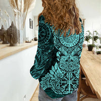 Valknut Ravens and Vegvisir Helm of Awe Women Casual Shirt Viking Nordic Celtic Knotwork Turquoise Runic Art