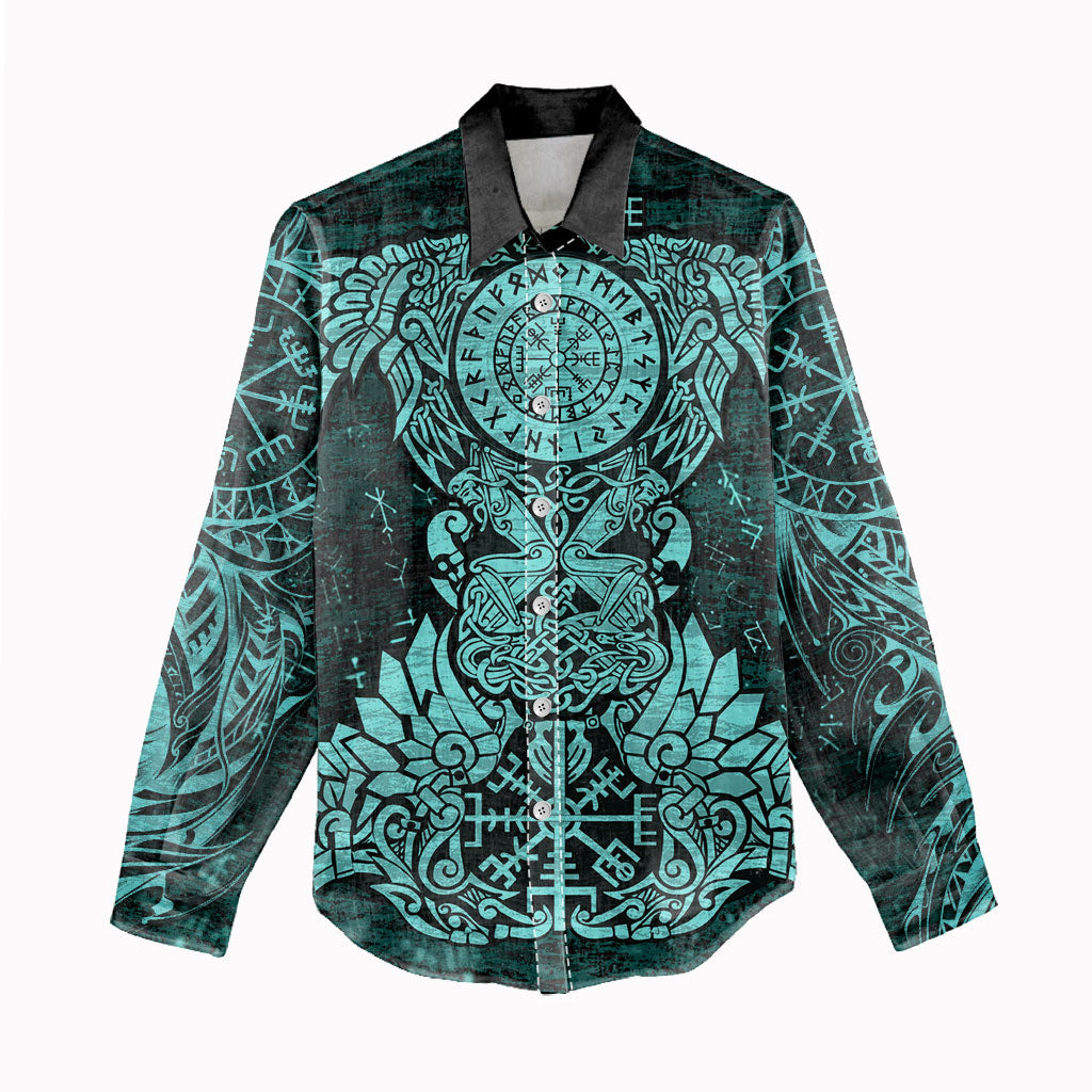 Valknut Ravens and Vegvisir Helm of Awe Women Casual Shirt Viking Nordic Celtic Knotwork Turquoise Runic Art