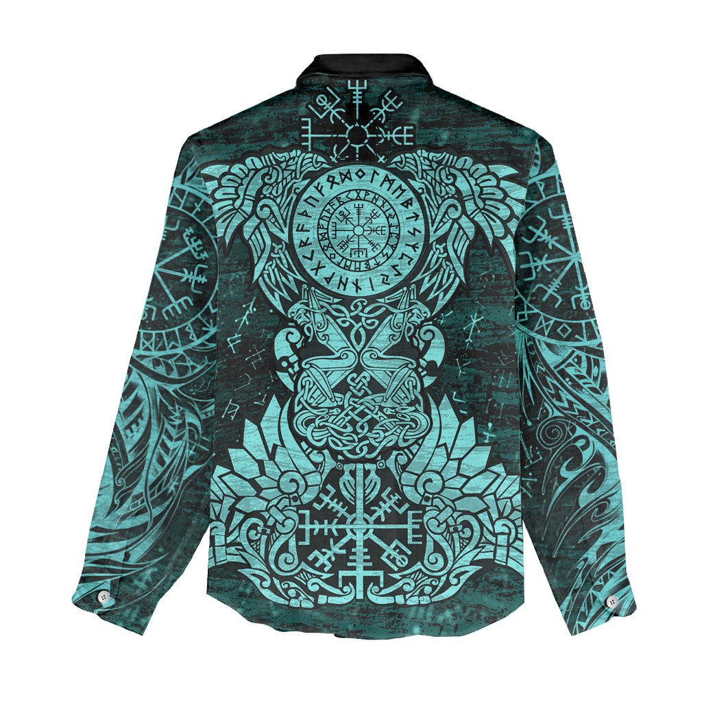 Valknut Ravens and Vegvisir Helm of Awe Women Casual Shirt Viking Nordic Celtic Knotwork Turquoise Runic Art