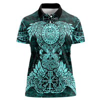 Valknut Ravens and Vegvisir Helm of Awe Women Polo Shirt Viking Nordic Celtic Knotwork Turquoise Runic Art