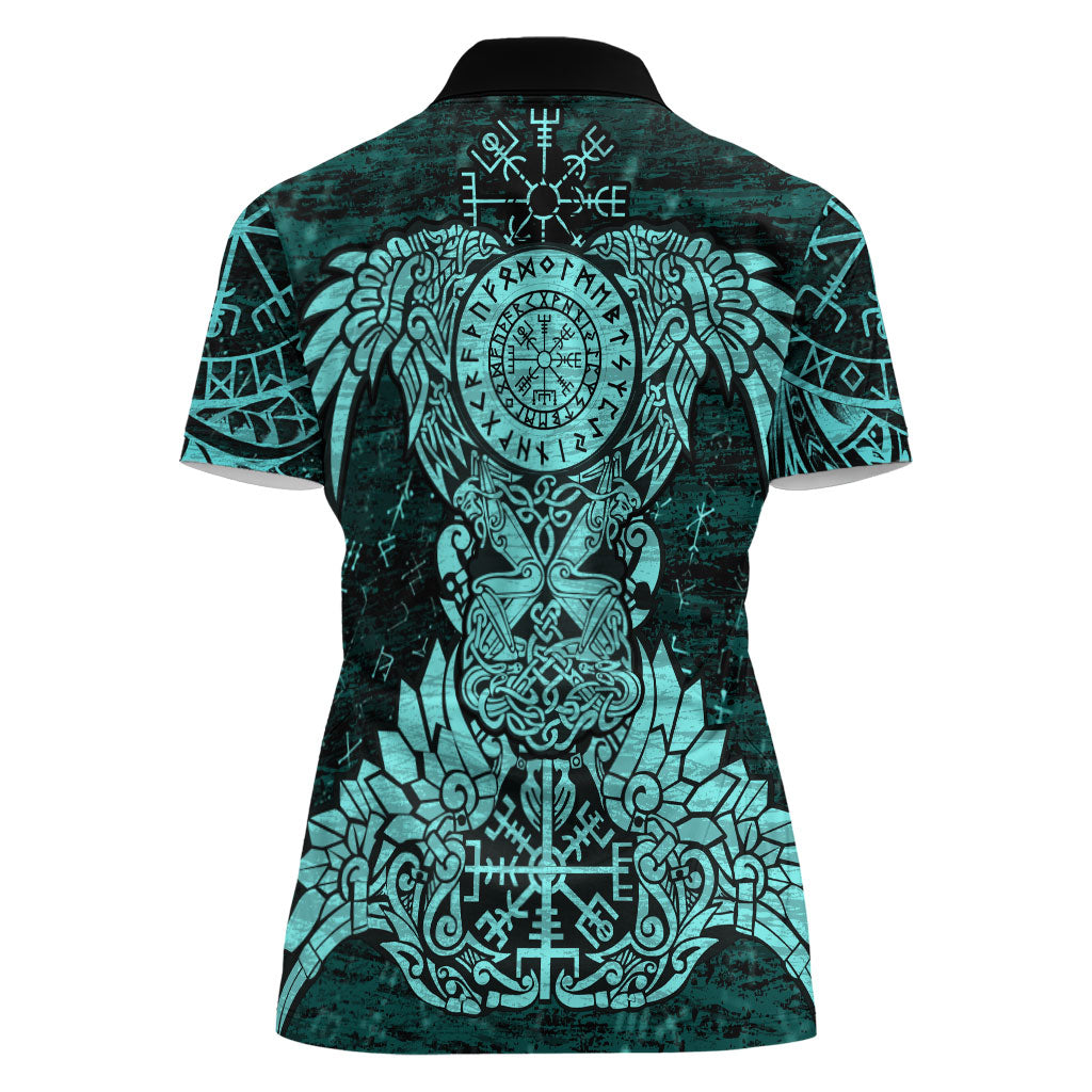 Valknut Ravens and Vegvisir Helm of Awe Women Polo Shirt Viking Nordic Celtic Knotwork Turquoise Runic Art