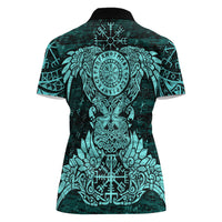 Valknut Ravens and Vegvisir Helm of Awe Women Polo Shirt Viking Nordic Celtic Knotwork Turquoise Runic Art