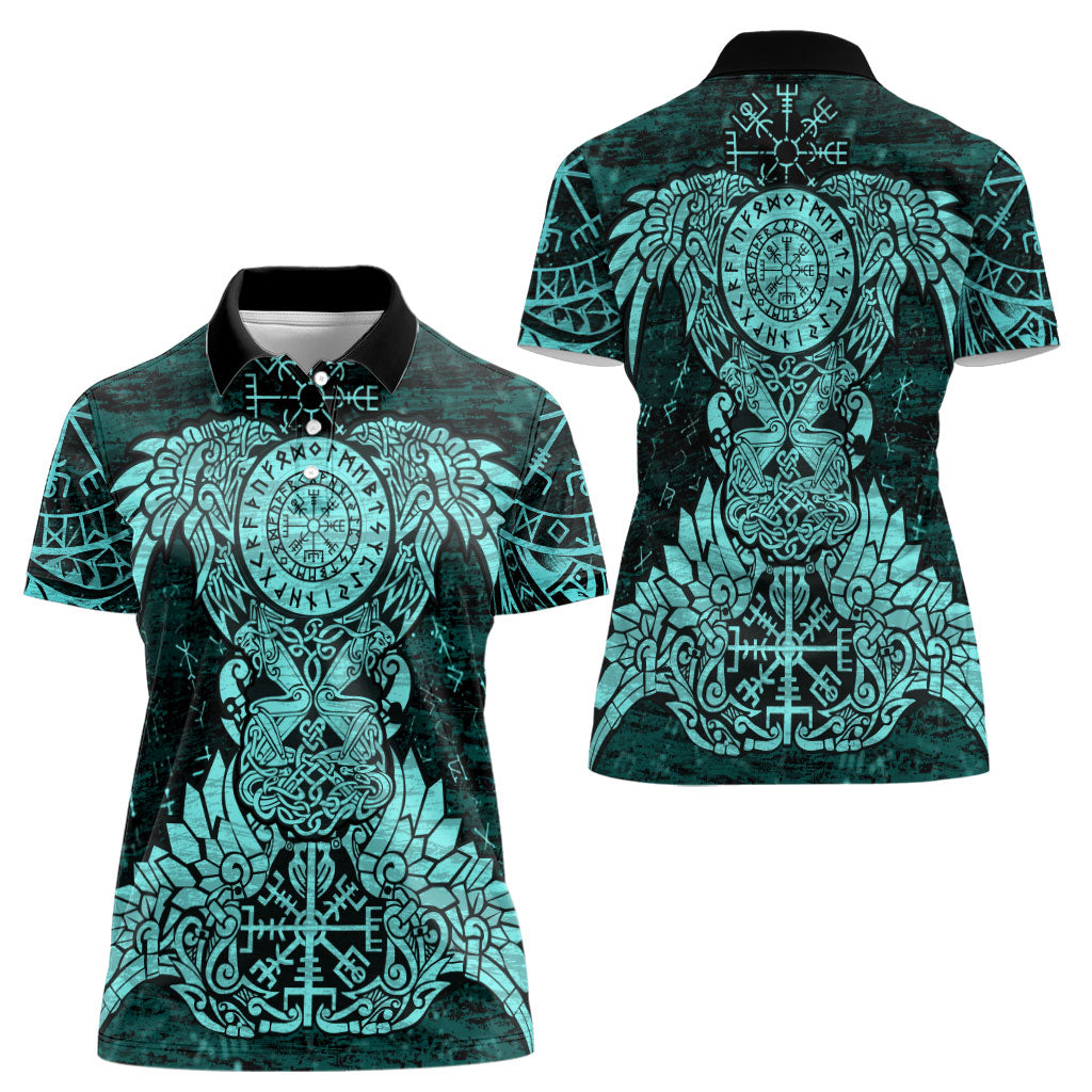 Valknut Ravens and Vegvisir Helm of Awe Women Polo Shirt Viking Nordic Celtic Knotwork Turquoise Runic Art