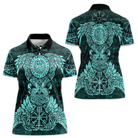 Valknut Ravens and Vegvisir Helm of Awe Women Polo Shirt Viking Nordic Celtic Knotwork Turquoise Runic Art