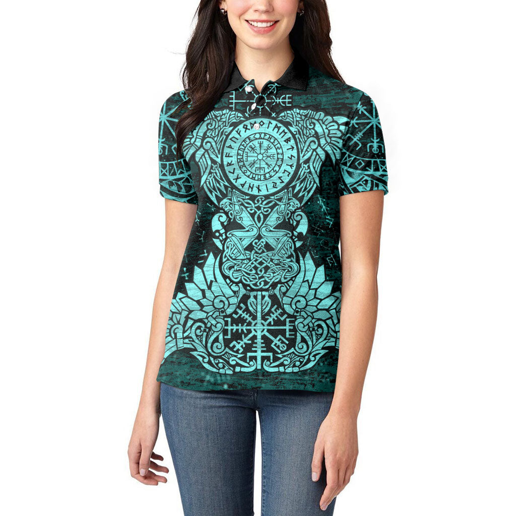 Valknut Ravens and Vegvisir Helm of Awe Women Polo Shirt Viking Nordic Celtic Knotwork Turquoise Runic Art