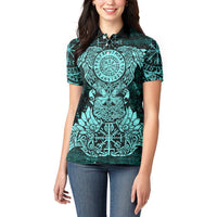 Valknut Ravens and Vegvisir Helm of Awe Women Polo Shirt Viking Nordic Celtic Knotwork Turquoise Runic Art