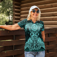 Valknut Ravens and Vegvisir Helm of Awe Women Polo Shirt Viking Nordic Celtic Knotwork Turquoise Runic Art