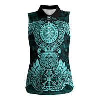 Valknut Ravens and Vegvisir Helm of Awe Women Sleeveless Polo Shirt Viking Nordic Celtic Knotwork Turquoise Runic Art