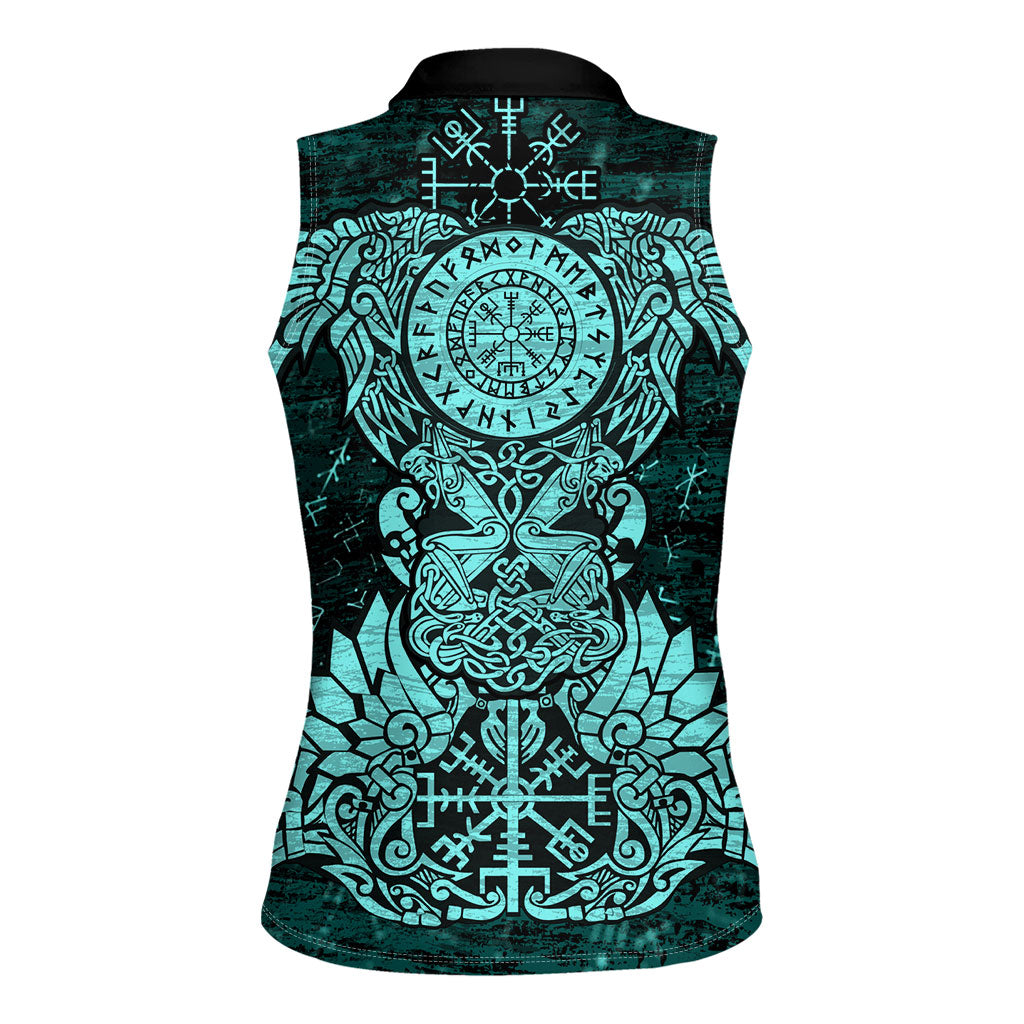 Valknut Ravens and Vegvisir Helm of Awe Women Sleeveless Polo Shirt Viking Nordic Celtic Knotwork Turquoise Runic Art