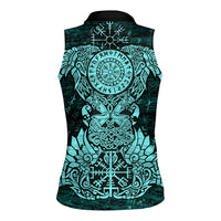 Valknut Ravens and Vegvisir Helm of Awe Women Sleeveless Polo Shirt Viking Nordic Celtic Knotwork Turquoise Runic Art