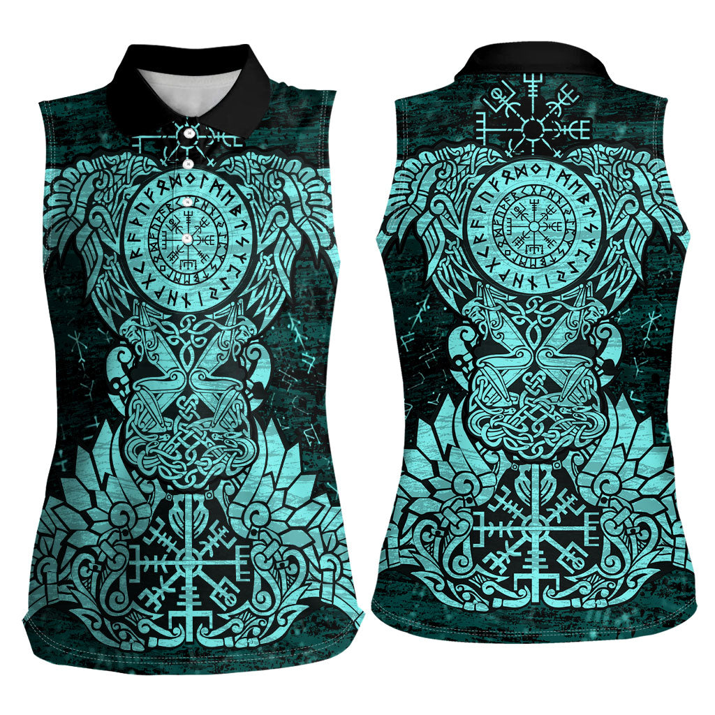 Valknut Ravens and Vegvisir Helm of Awe Women Sleeveless Polo Shirt Viking Nordic Celtic Knotwork Turquoise Runic Art