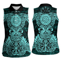 Valknut Ravens and Vegvisir Helm of Awe Women Sleeveless Polo Shirt Viking Nordic Celtic Knotwork Turquoise Runic Art