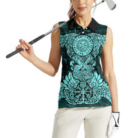 Valknut Ravens and Vegvisir Helm of Awe Women Sleeveless Polo Shirt Viking Nordic Celtic Knotwork Turquoise Runic Art