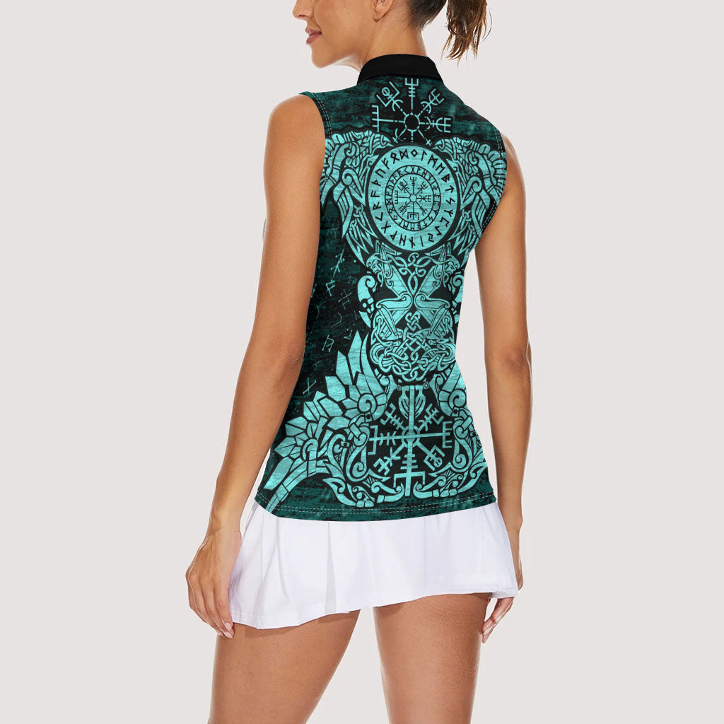 Valknut Ravens and Vegvisir Helm of Awe Women Sleeveless Polo Shirt Viking Nordic Celtic Knotwork Turquoise Runic Art