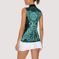 Valknut Ravens and Vegvisir Helm of Awe Women Sleeveless Polo Shirt Viking Nordic Celtic Knotwork Turquoise Runic Art