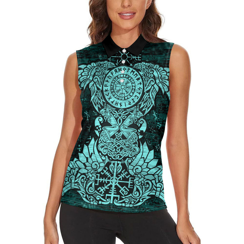Valknut Ravens and Vegvisir Helm of Awe Women Sleeveless Polo Shirt Viking Nordic Celtic Knotwork Turquoise Runic Art
