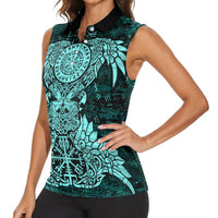 Valknut Ravens and Vegvisir Helm of Awe Women Sleeveless Polo Shirt Viking Nordic Celtic Knotwork Turquoise Runic Art