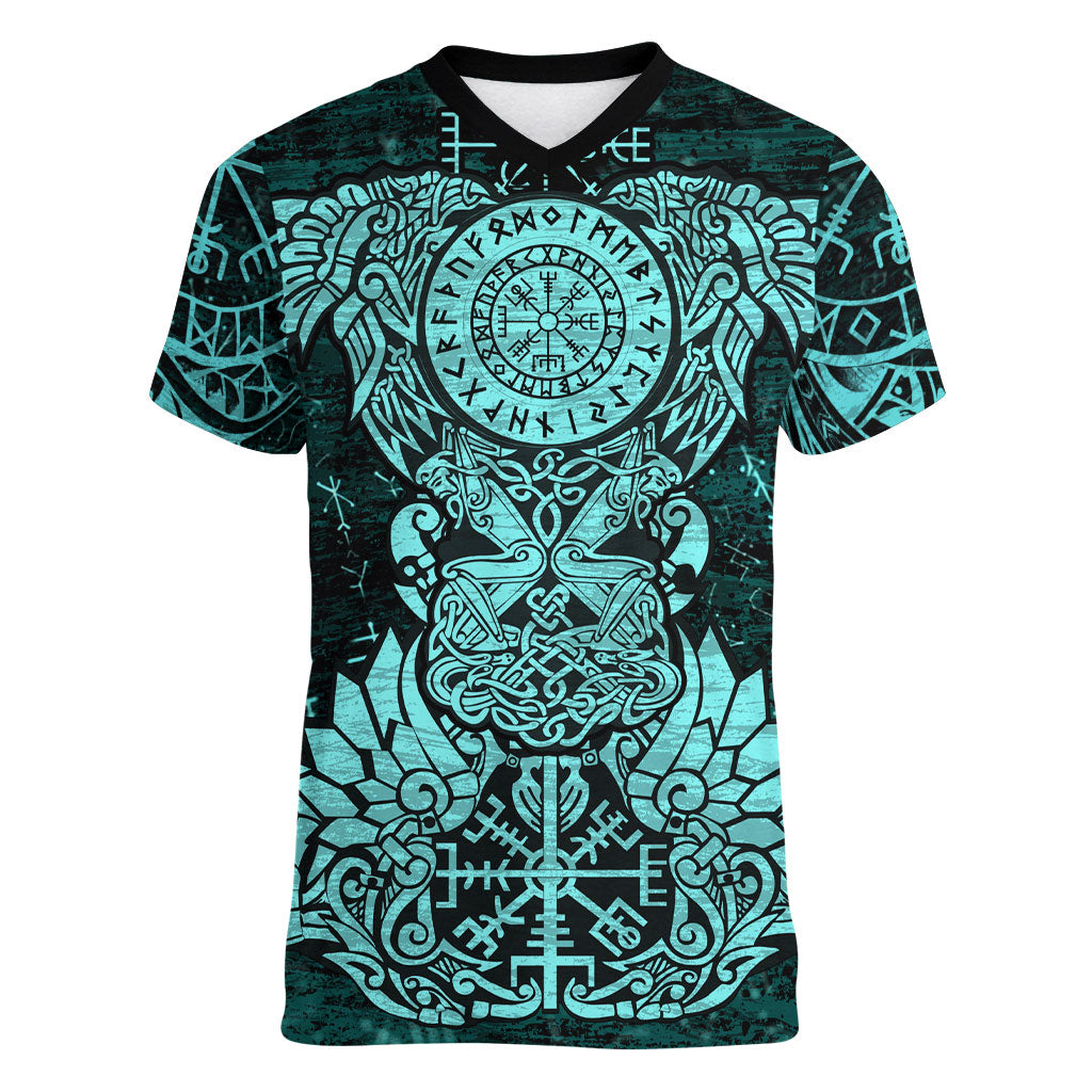 Valknut Ravens and Vegvisir Helm of Awe Women V-Neck T-Shirt Viking Nordic Celtic Knotwork Turquoise Runic Art