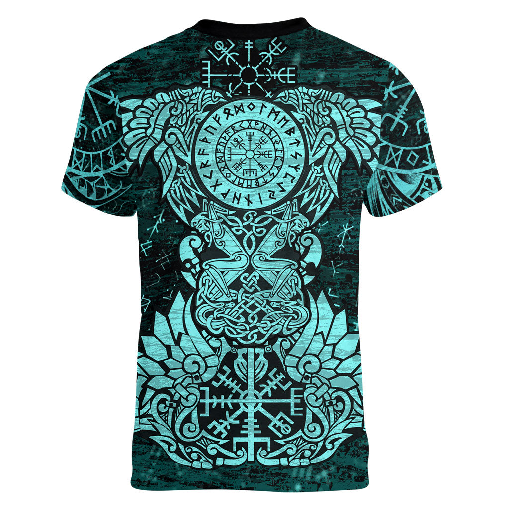 Valknut Ravens and Vegvisir Helm of Awe Women V-Neck T-Shirt Viking Nordic Celtic Knotwork Turquoise Runic Art