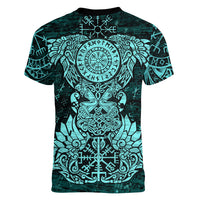 Valknut Ravens and Vegvisir Helm of Awe Women V-Neck T-Shirt Viking Nordic Celtic Knotwork Turquoise Runic Art