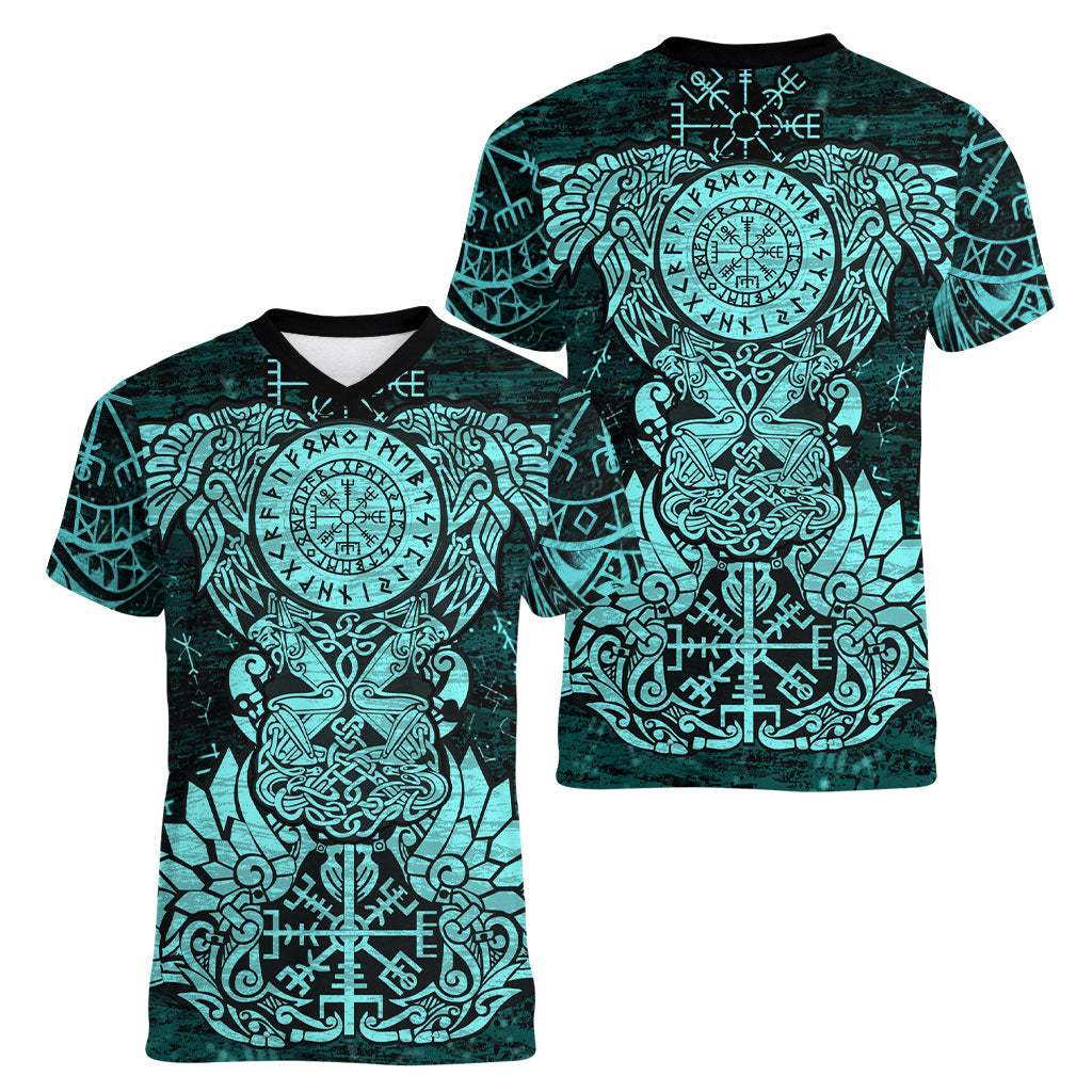 Valknut Ravens and Vegvisir Helm of Awe Women V-Neck T-Shirt Viking Nordic Celtic Knotwork Turquoise Runic Art