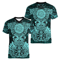 Valknut Ravens and Vegvisir Helm of Awe Women V-Neck T-Shirt Viking Nordic Celtic Knotwork Turquoise Runic Art