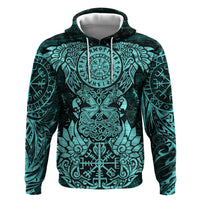Valknut Ravens and Vegvisir Helm of Awe Zip Hoodie Viking Nordic Celtic Knotwork Turquoise Runic Art