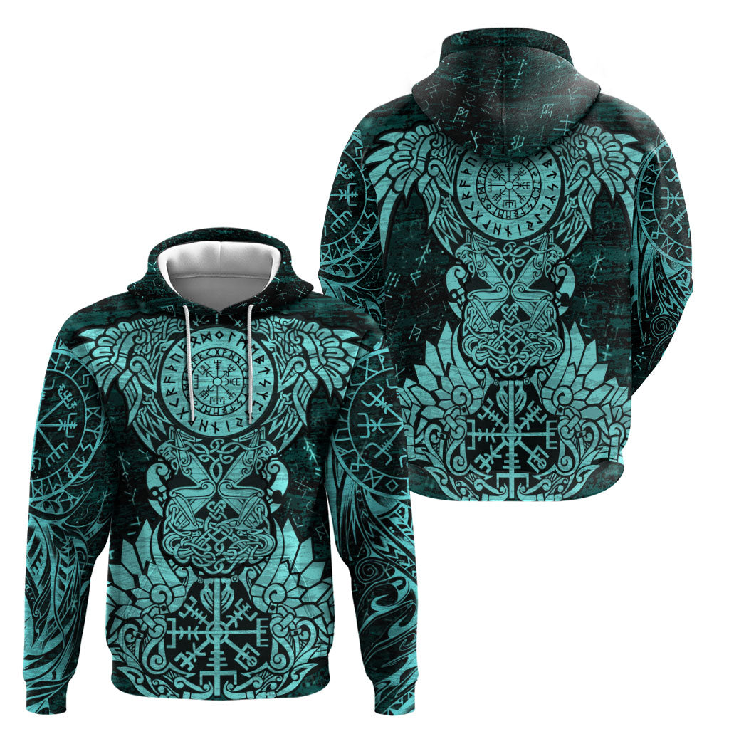 Valknut Ravens and Vegvisir Helm of Awe Zip Hoodie Viking Nordic Celtic Knotwork Turquoise Runic Art