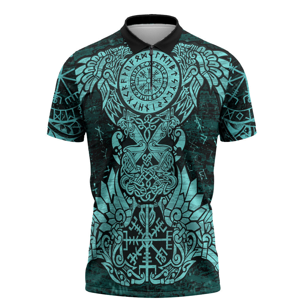 Valknut Ravens and Vegvisir Helm of Awe Zipper Polo Shirt Viking Nordic Celtic Knotwork Turquoise Runic Art